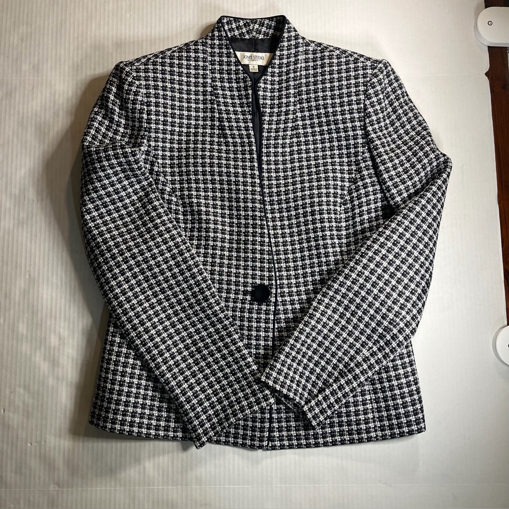 Jones Studio Women’s Tweed Blazer Navy Blue White Checkered Size 6